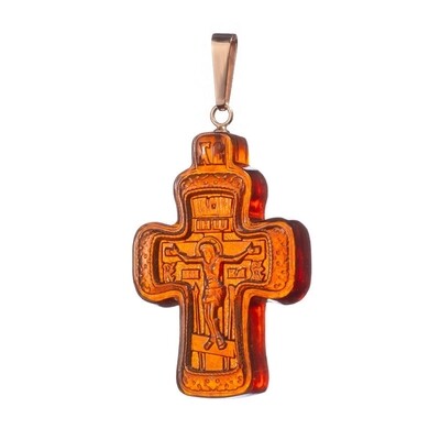 Золотой резной крест из натурального красного янтаря "Спаси и сохрани"