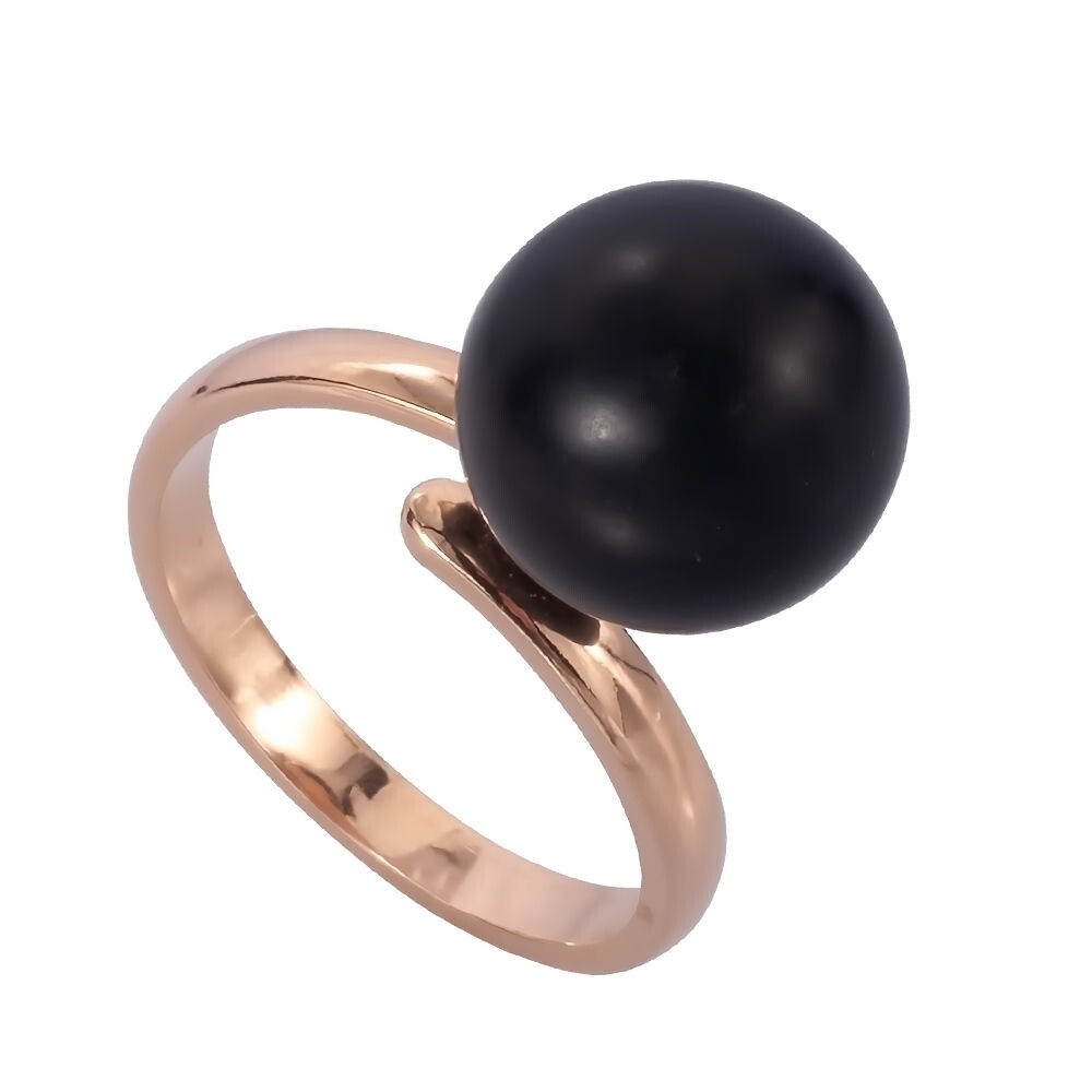 Позолоченное кольцо в серебре с черным матовым янтарем 
