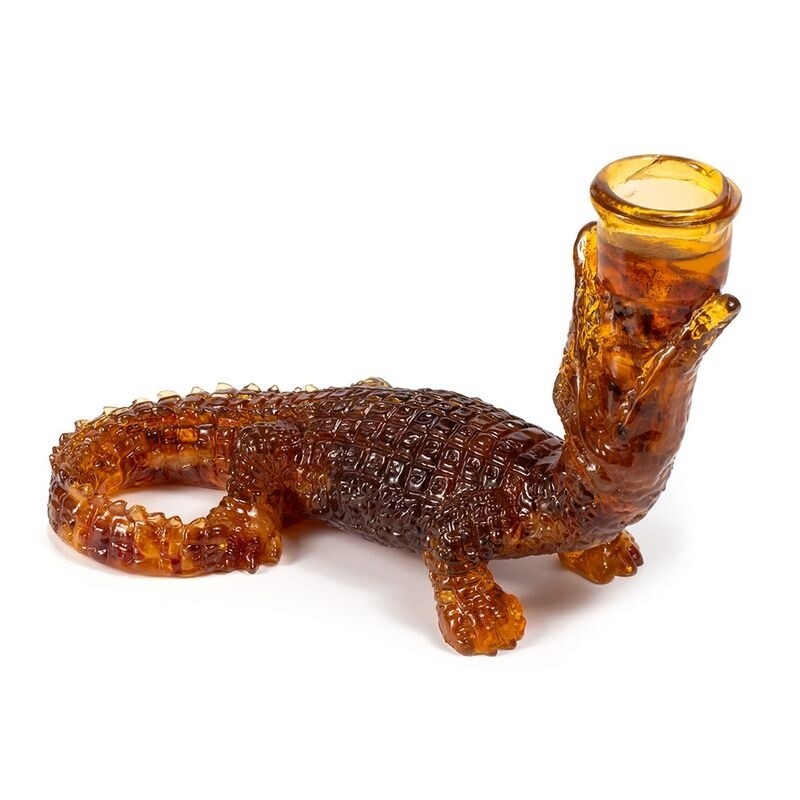 Сувенирная фигурка подсвечник с натуральным янтарем "Крокодил"