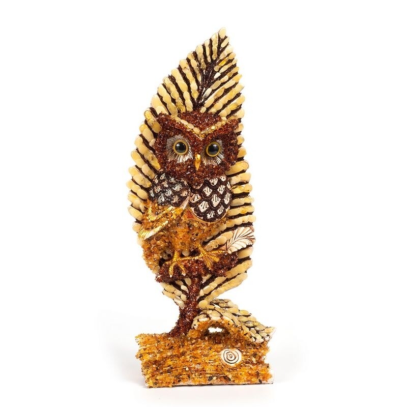 Сувенир "Сова с пером", украшенный натуральным янтарём на подставке