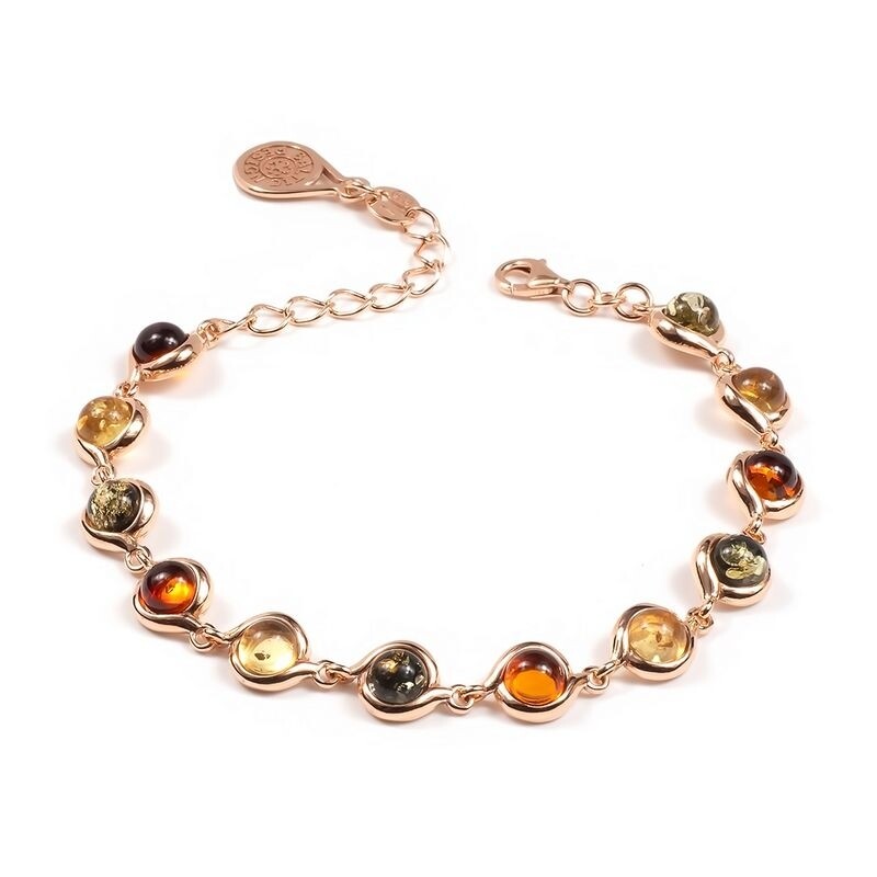 Радужный браслет с натуральным янтарем в позолоченном серебре "Орно"