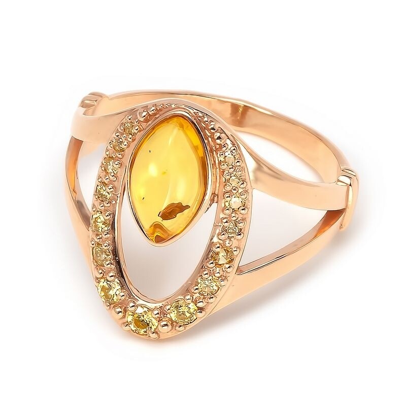 позолоченное кольцо с лимонным янтарём и фианитами