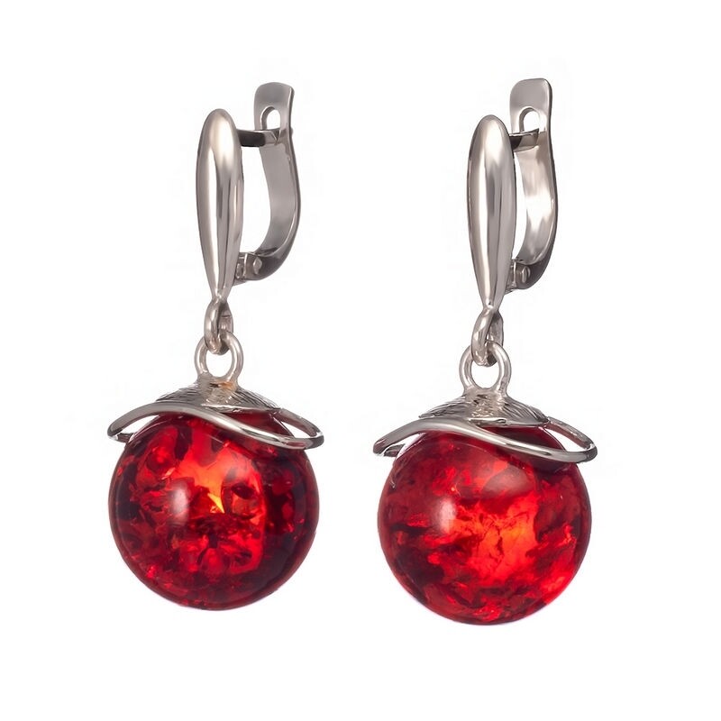 Серебряные серьги-шары с натуральным красным янтарём