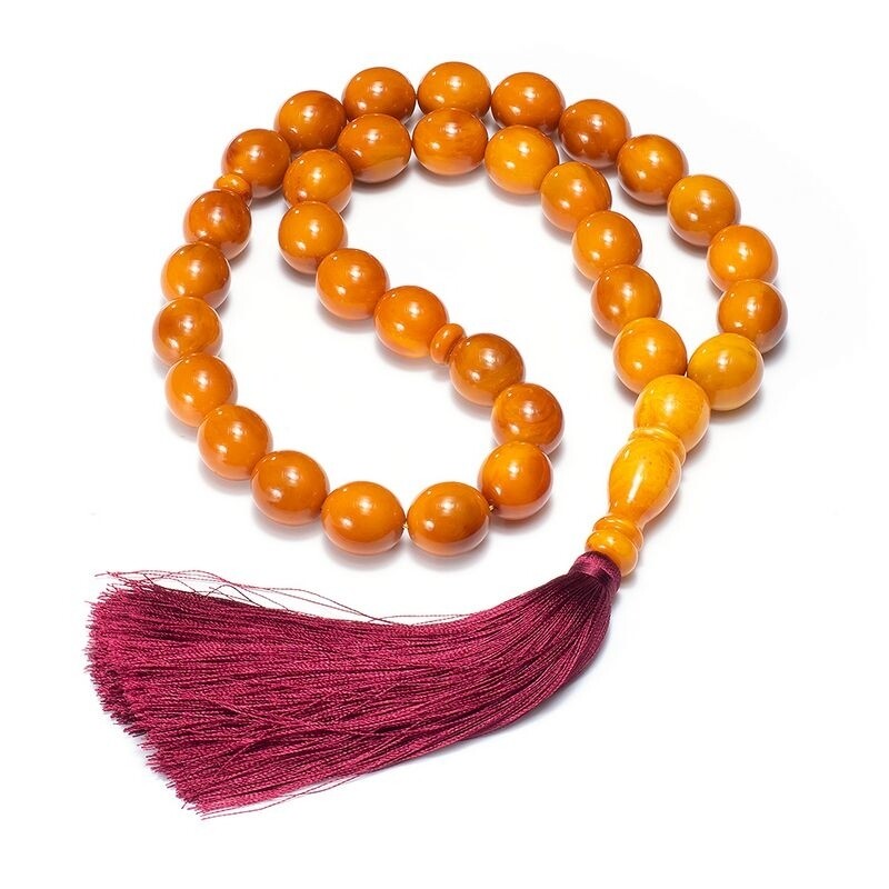 Мусульманские четки-оливы из насыщенного оранжевого янтаря с кистью
