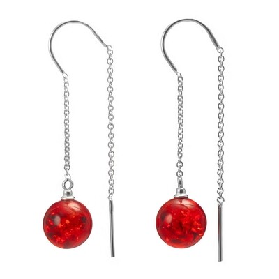 серебряные серьги - цепочки с красным янтарем