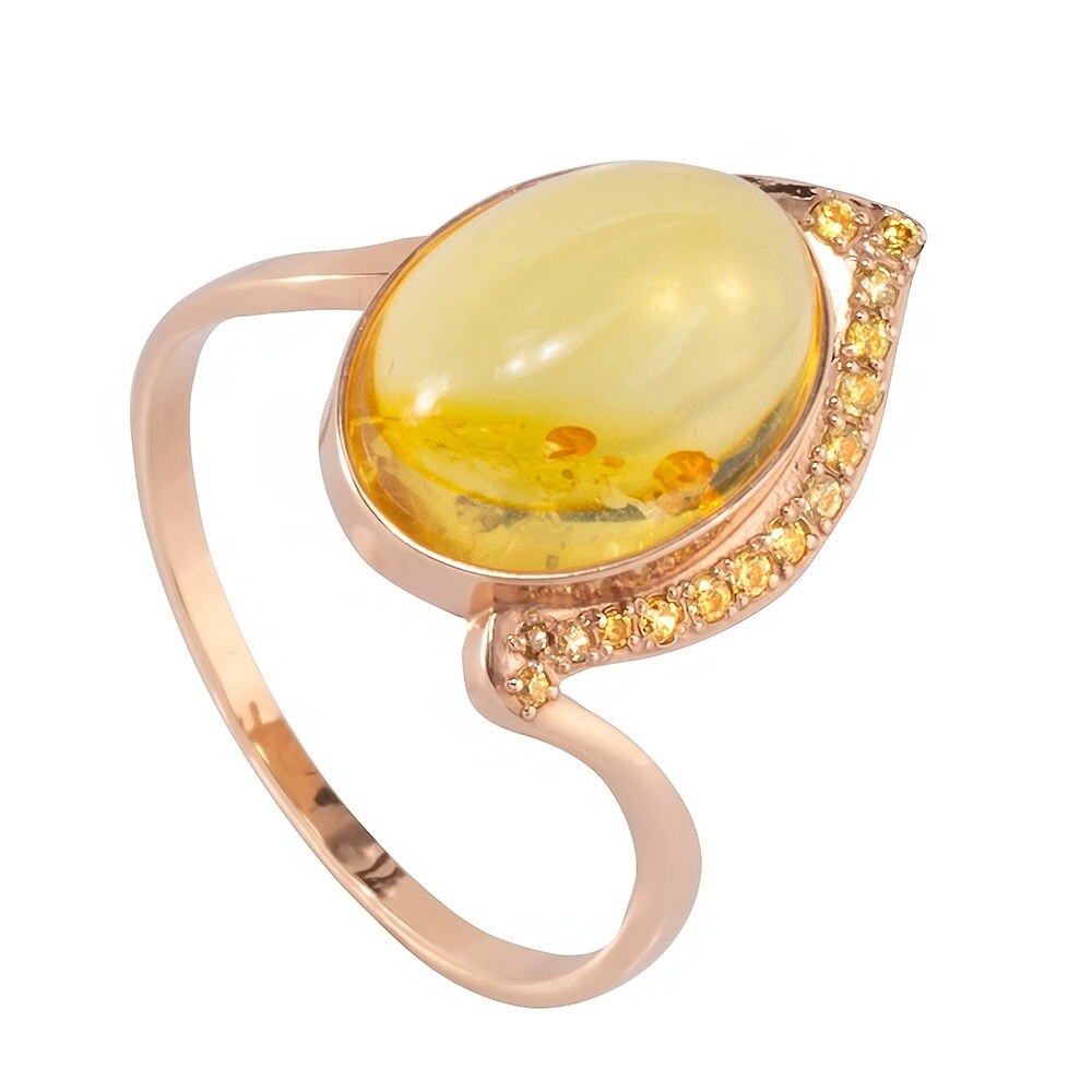 Позолоченное кольцо с натуральным лимонным янтарём и фианитами