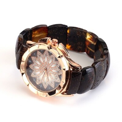 Шикарные наручные часы с браслетом из натурального тёмного янтаря