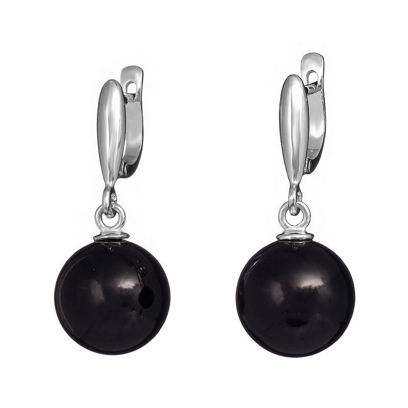 Серебряные серьги-шары с натуральным чёрным янтарем