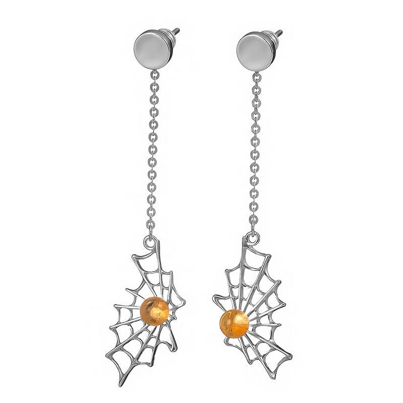 Эксклюзивные серебряные серьги - цепочки с лимонным янтарем