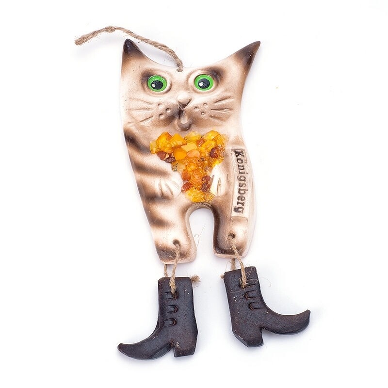 Янтарный сувенир, символ наступающего года "Кот в сапогах"