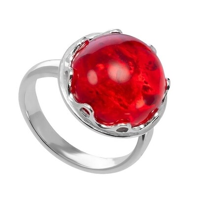 Восхитительное кольцо с крупным красным янтарем в серебре
