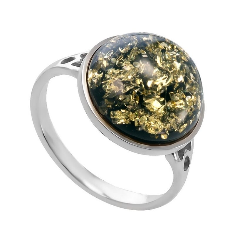 Милое серебряное кольцо с искрящимся зелёным янтарём