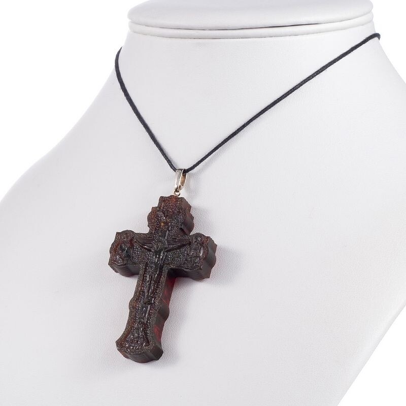 Большой православный крест - подвеска в серебре с натуральным янтарём
