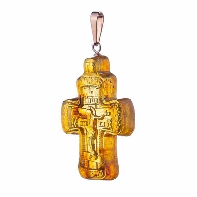 Резной крест из натурального светлого янтаря в золоте 585