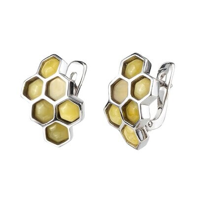 Дизайнерские серебряные серьги с медовым янтарем "Пчелиные соты"
