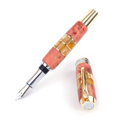 Перьевая ручка из корельской березы с натуральным янтарем в позолоченном корпусе