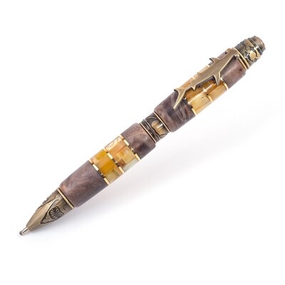 Эксклюзивная ручка из капа корельской березы с натуральным янтарем