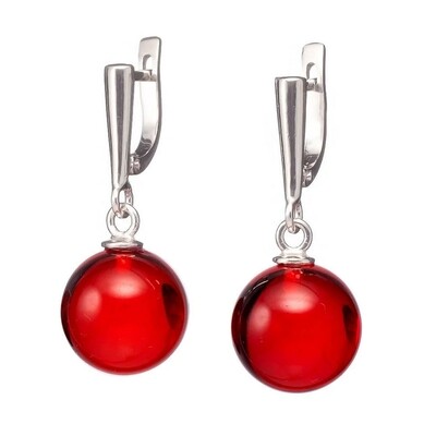 Роскошные серьги с крупными шарами из натурального красного янтаря в серебре