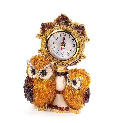 Настольные часы, выложенные натуральным янтарем "Сова с совенком"
