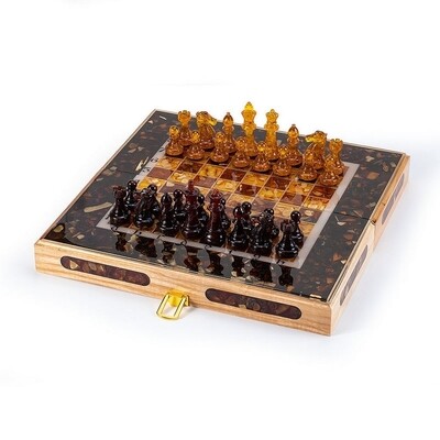 Складные шахматы из янтаря и натурального дуба ручной работы с фигурами