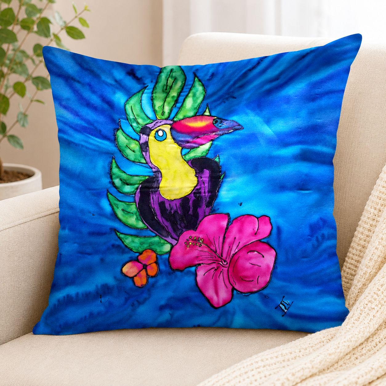 Toucan hand painted throe pillow cover