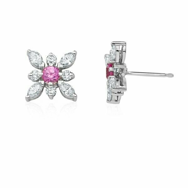 Floral Snow Flake Pink Sapphire & Diamond Stud Earrings