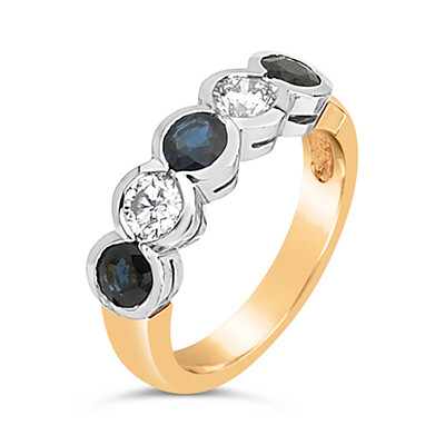 Two Tone Five Stone Bezel-Set Diamond & Sapphire Ring