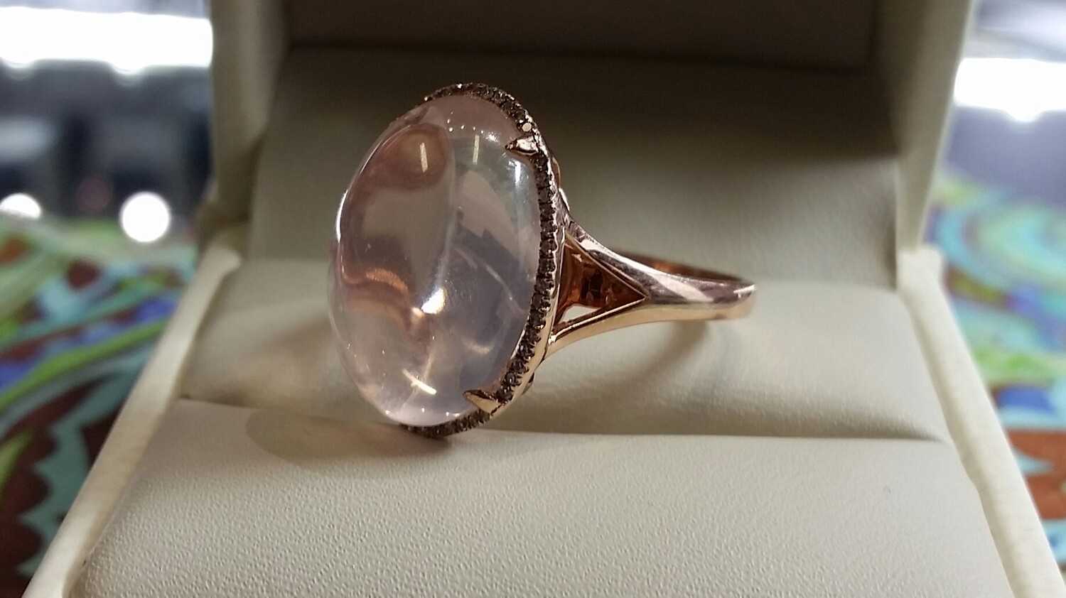 Cabochon Rose Quartz & Diamonds Halo Ring