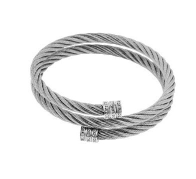 Silver Stainless Steel and diamond Twisted Cable Cuff Bangle