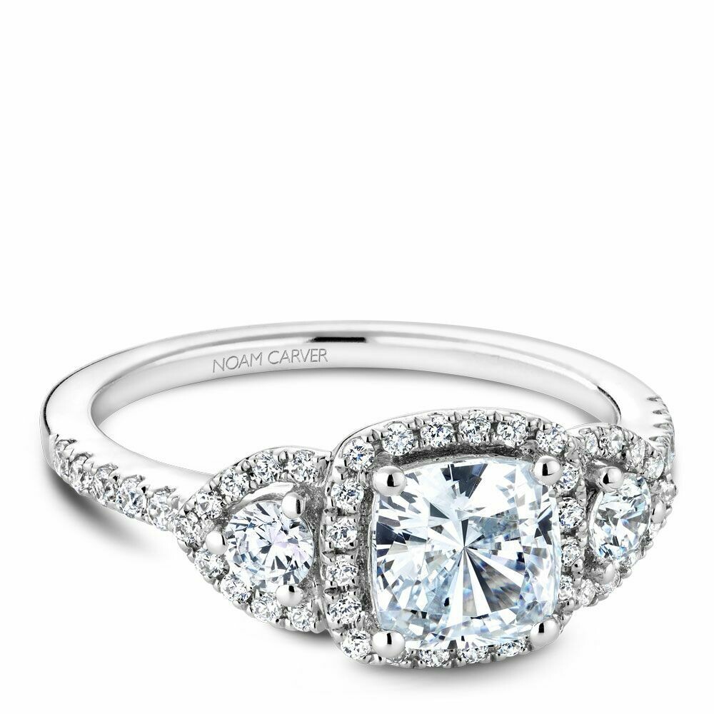 3 Stones Cushion Halo Diamond Engagement Ring