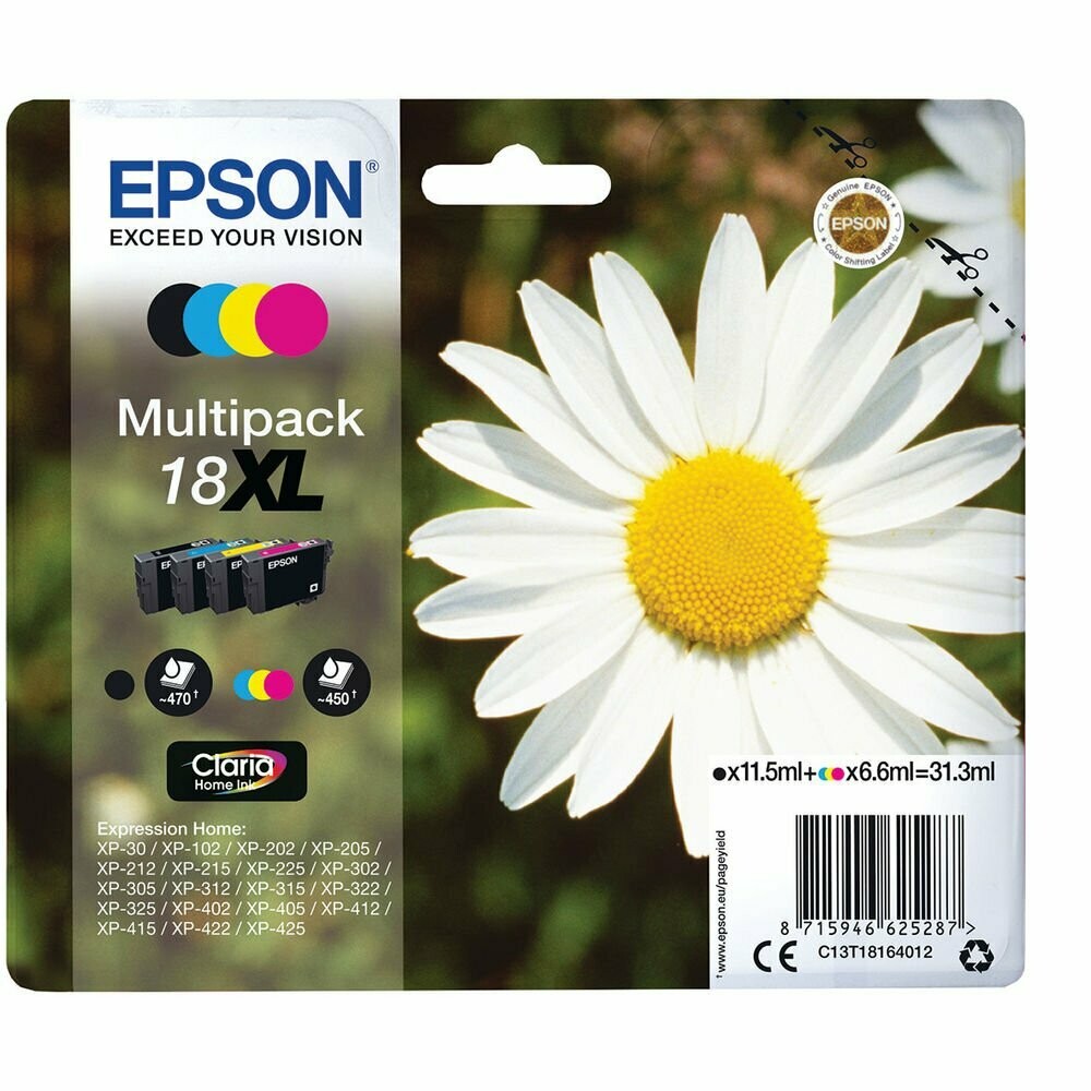Genuine Epson 18XL (Daisy) High Capacity Black Cyan Magenta Yellow Ink Cartridges (T1816) (4 Pack)