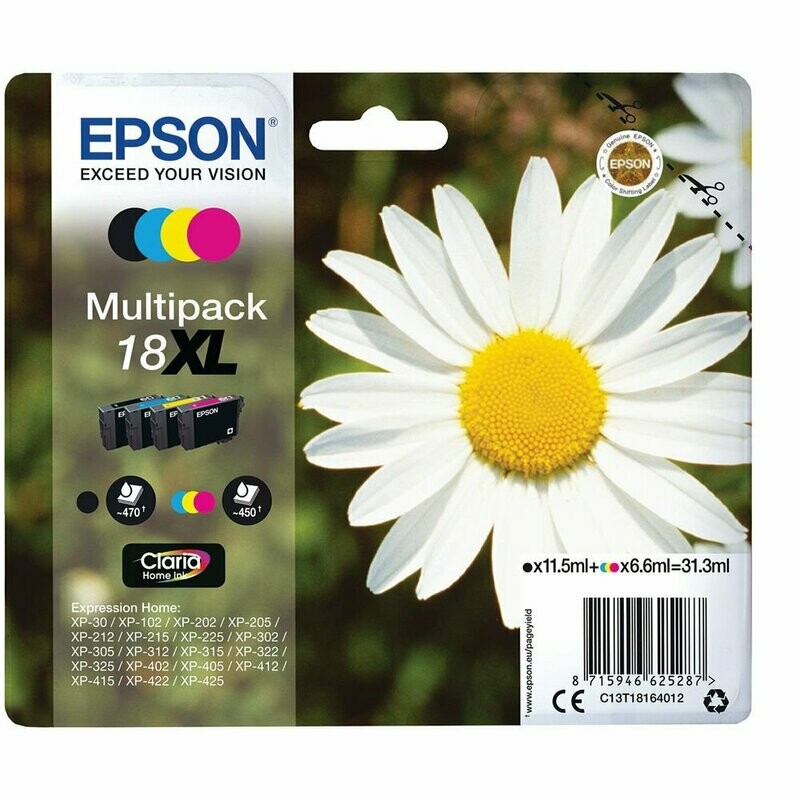 Genuine Epson 18XL (Daisy) High Capacity Black Cyan Magenta Yellow Ink Cartridges (T1816) (4 Pack)
