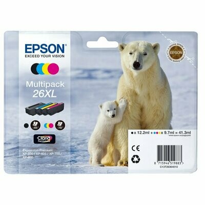 Genuine Epson 26XL (Polar Bear) High Capacity Black Cyan Magenta Yellow Ink Cartridges (T2636) (4 Pack)