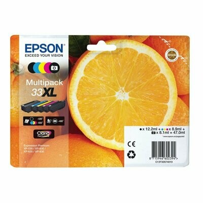 Genuine Epson 33XL (Orange) High Capacity Black Cyan Magenta Yellow & Photo Black Ink Cartridges (T3357) (5 Pack)