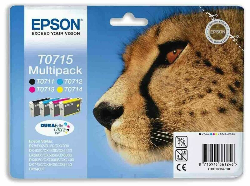 Genuine Epson T0715 (Cheetah) Black, Cyan, Magenta and Yellow Ink  Cartridges (4 Pack)