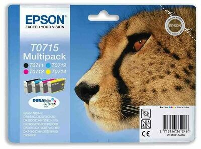 Genuine Epson T0715 (Cheetah) Black, Cyan, Magenta and Yellow Ink Cartridges (4 Pack)