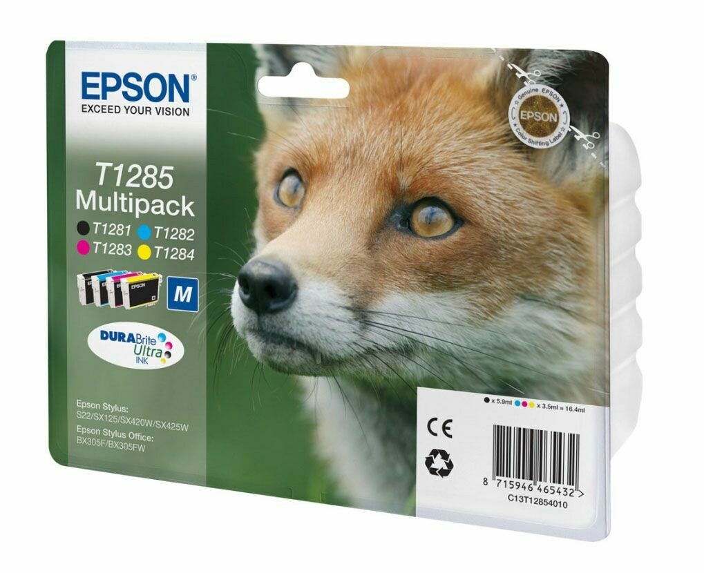 Genuine Epson T1285 (Fox) Black, Cyan, Magenta and Yellow Ink  Cartridges (4 Pack)