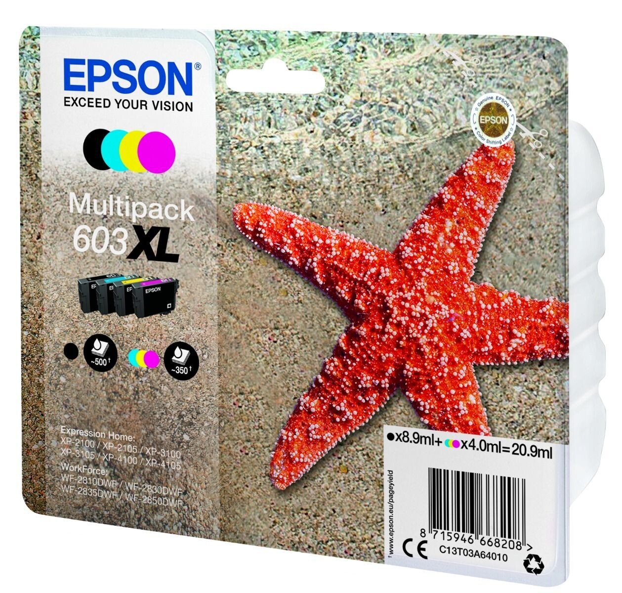 Genuine Epson 603XL (Starfish) Black, Cyan, Magenta and Yellow Ink  Cartridges (4 Pack)
