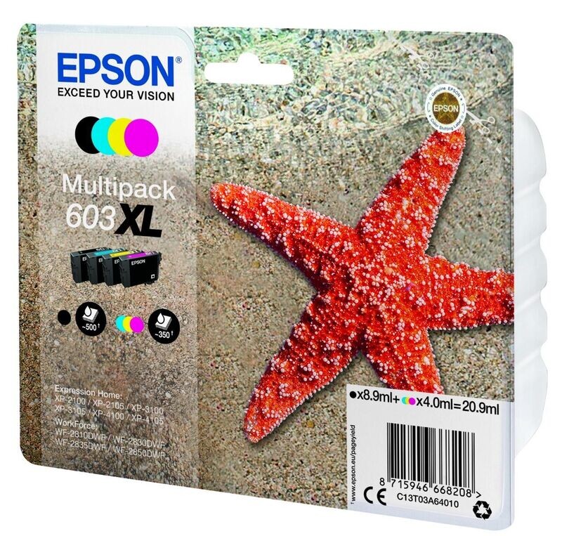 Genuine Epson 603XL (Starfish) Black, Cyan, Magenta and Yellow Ink  Cartridges (4 Pack)