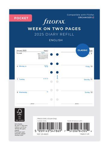 Filofax Pocket 2025 Week On Two Pages Diary Insert