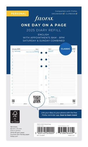 Filofax Personal 2026 Day Per Page Diary Insert