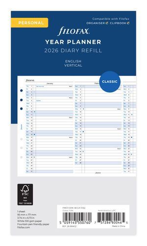 Filofax Personal 2026 Year Planner - Vertical Format