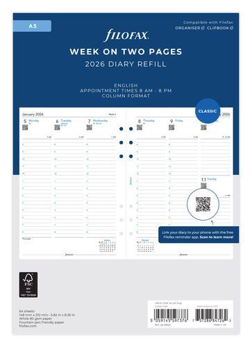 Filofax A5 2026 Week On Two Pages Diary with Appointments