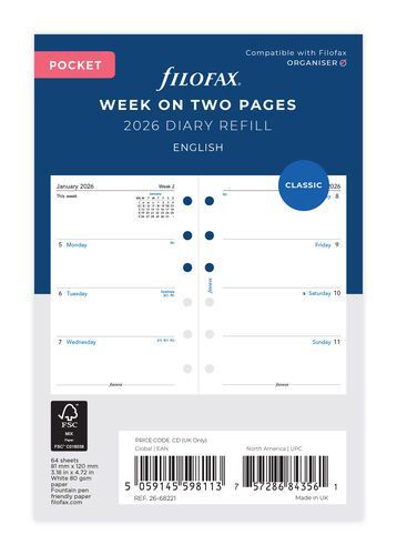 Filofax Pocket 2026 Week On Two Pages Diary Insert