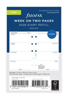 Filofax Mini 2026 Week on Two Pages Diary Insert Filofax Mini 2026 Week on Two Pages Diary Insert