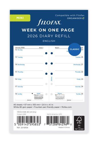 Filofax Mini 2026 Week on One Page Diary Insert
