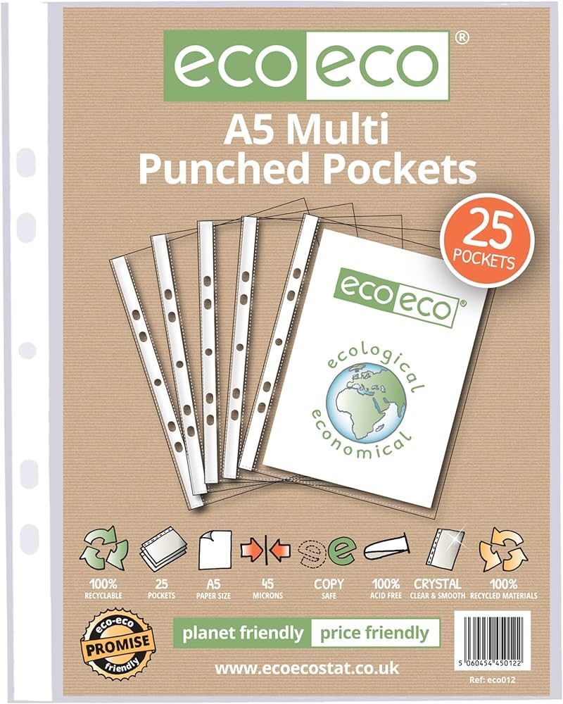 Eco Eco A5 100% recycled Multi Punched Pockets (pack of 25)