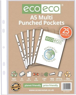 Eco Eco A5 100% recycled Multi Punched Pockets (pack of 25) Eco Eco A5 100% recycled Multi Punched Pockets (pack of 25)