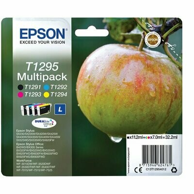 Genuine Epson T1295 (Apple) Black Cyan Magenta Yellow Ink Cartridges (4 Pack) Genuine Epson T1295 (Apple) Black Cyan Magenta Yellow Ink Cartridges (4 Pack)