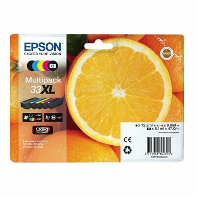 Genuine Epson 33XL (Orange) High Capacity Black Cyan Magenta Yellow & Photo Black Ink Cartridges (T3357) (5 Pack) Genuine Epson 33XL (Orange) High Capacity Black Cyan Magenta Yellow & Photo Black Ink Cartridges (T3357) (5 Pack)